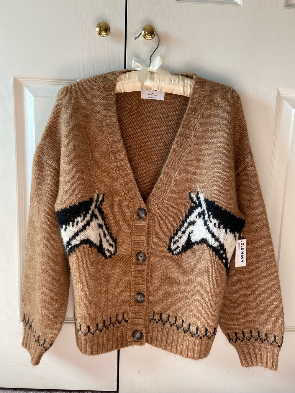 Old Navy Women's Tan Horse Intarsia Cardigan Sweater, S, NWT